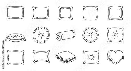 Collection of outline icons representing various pillows and cushions, including square, round, bolster, and heart shapes, perfect for infographics, articles, books, flyers, and banners, offering