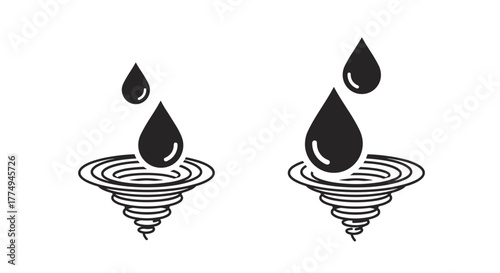 Two stylized water drops falling into swirling vortexes, depicted as simple outline line icons. This versatile vector graphic is perfect for web design, app interfaces, advertisements, and various