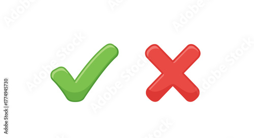 Vivid green check mark and red cross mark icons, presented as a vector cartoon illustration. This ordered set features a clear distinction between correct and incorrect symbols, ideal for