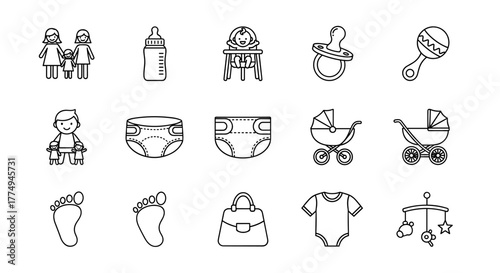Set of modern outline-style icons representing family and baby essentials, including a family silhouette, baby bottle, high chair, pacifier, rattle, diapers, baby stroller, footprints, handbag