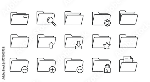 Collection of computer folder related line icons, outline signs for graphic and web design, apps, adverts, various cards, vector cartoon illustration, digital storage, data organization, document