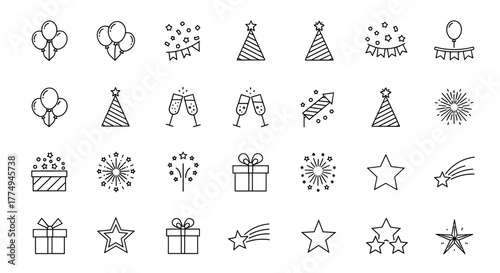 A collection of celebration and stars line icons, featuring balloons, party hats, confetti, champagne glasses, fireworks, gift boxes, and shooting stars, presented as thin outline icons on a white