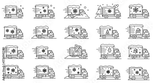 Collection of Delivery Trucks with Snow-Related Line Icons, Outline Signs for Graphic and Web Design, Apps, Adverts, Various Cards, Vector Cartoon Illustrations, Winter Holiday Season Transportation