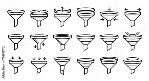 Set of 15 outline funnel icons and symbols for graphic and web design, apps, adverts, various cards, vector cartoon illustration with a white background, ordered set, try different variations, simple