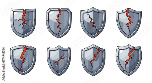 Set of eight cracked shield icons with red fissures, symbolizing broken protection, vulnerability, or failure. These vector cartoon illustrations are perfect for interface elements, social media