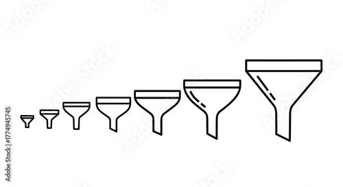 Collection of five funnels in ascending size, rendered in a clean, editable stroke vector cartoon illustration style, perfect for infographics, articles, books, flyers, and banners, symbolizing
