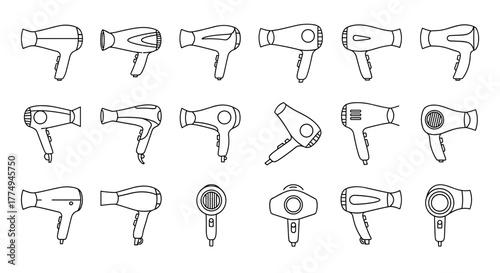 Collection of diverse hairdryer outlines, presented in a clean vector cartoon illustration style, perfect for graphic design, web development, app interfaces, advertising, and various card designs
