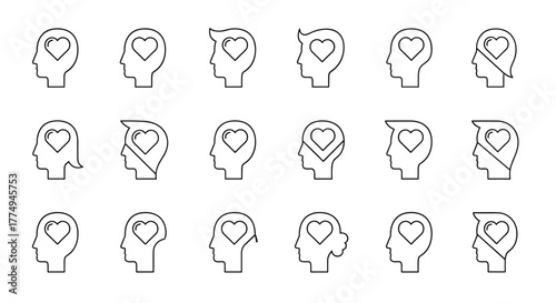 Set of 15 thin line icons representing a human head silhouette with a heart inside, symbolizing love, emotions, and mental well-being. These simple vector graphics are perfect for websites, books