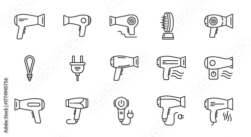 A collection of minimalistic linear icons representing hair dryers, showcasing various designs and functionalities, perfect for web, graphic design, apps, banners, social networks, and cards. This