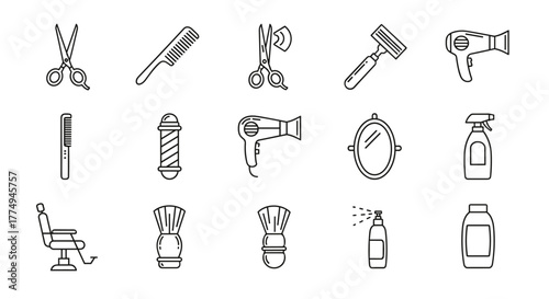 A collection of thin line icons representing barber shop and hairdressing tools, including scissors, combs, hair dryers, razors, barber pole, mirror, spray bottles, shaving brush, and barber chair