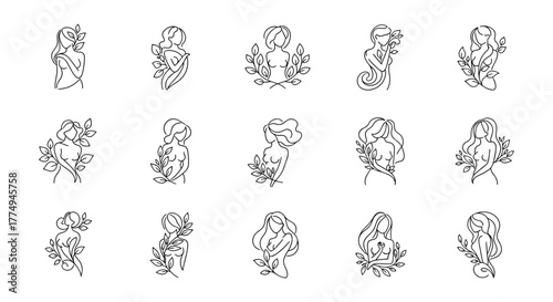 Elegant Line Art Floral Women Logo Design Set: A Collection of Vector Cartoon Illustrations Featuring Feminine Silhouettes Adorned with Botanical Elements, Perfect for Branding and Design Projects on