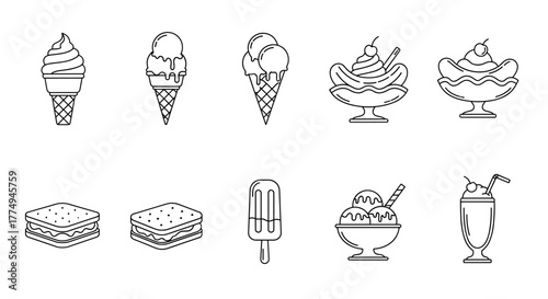 A collection of stylized line art icons depicting various frozen desserts and treats, including ice cream cones, sundaes, banana splits, ice cream sandwiches, popsicles, and milkshakes, presented on