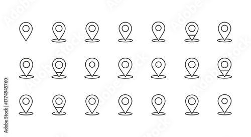 Collection of minimalistic linear map pin outline web line icons, featuring a clean and modern design suitable for web and graphic design projects, apps, banners, social networks, and cards. This