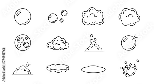 A collection of twelve distinct, hand-drawn vector cartoon illustrations of bubbles and foam, presented as isolated icons on a clean white background, perfect for graphic design, app interfaces, and