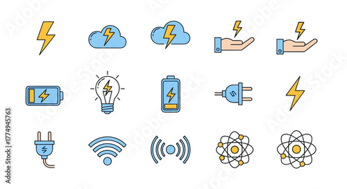 Collection of vibrant, flat design icons representing electricity, energy, and technology, including lightning bolts, clouds, batteries, light bulbs, power plugs, Wi-Fi signals, and atomic