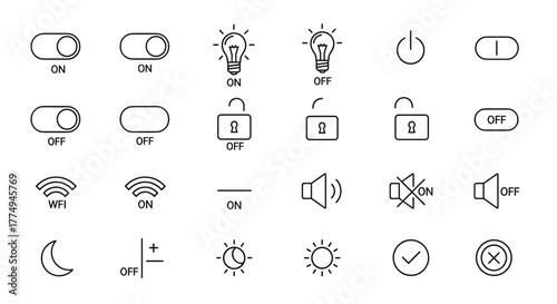 On Off Switch Line Icon Set: A collection of outline signs for graphic and web design, apps, adverts, and various cards. This vector cartoon illustration features a white background, perfect for