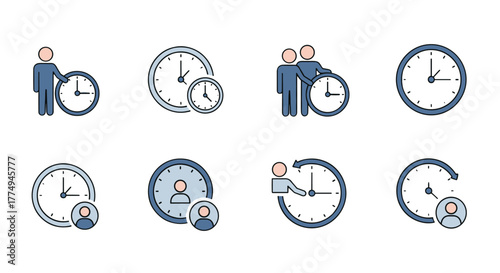 Set of minimalistic icons depicting users interacting with clocks, symbolizing time management, scheduling, and punctuality. These vector cartoon illustrations are perfect for apps, graphic design