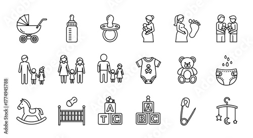 Collection of 18 essential baby and family-related line icons, including a stroller, baby bottle, pacifier, pregnant woman, mother holding baby, footprint, family silhouettes, baby clothes, teddy