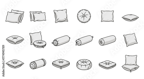 Diverse Collection of White Pillow and Cushion Vector Illustrations with Editable Stroke, Perfect for Infographics, Articles, Books, Flyers, and Banners, Cartoon Style