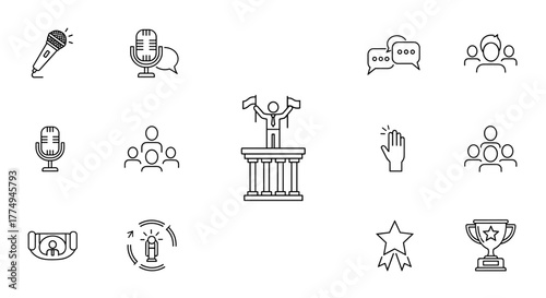Modern outline style icon set for design, cards, apps, and social networks, featuring a person on a tribune with flags, microphones, speech bubbles, groups of people, a hand gesture, a star, a