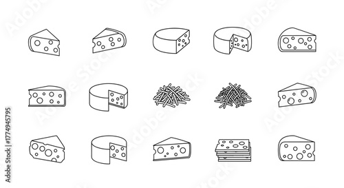 Set of minimalistic line icons representing various types of cheese, including wedges, rounds, and grated varieties, presented on a black background. This versatile vector graphic collection is ideal
