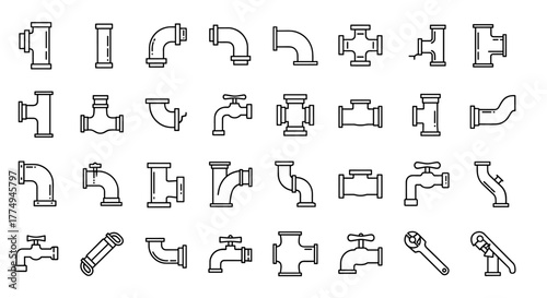 A comprehensive collection of thin line icons representing various pipe types and plumbing elements, perfect for web design, print materials, and digital applications. This vector illustration
