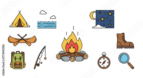 Vibrant vector cartoon illustration set depicting summer camp adventure elements, including a tent, canoe, backpack, fishing rod, campfire, hiking boot, compass, and magnifying glass under a starry