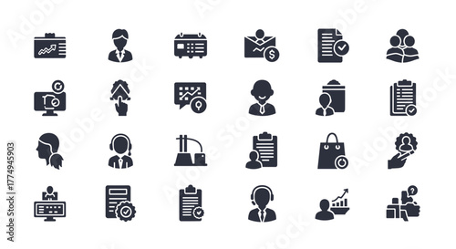 A comprehensive collection of vector solid icons representing essential business and commerce concepts, including marketing strategies, business processes, learning modules, shopping cart