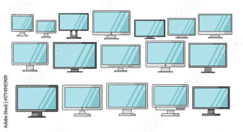 Collection of various flat design computer monitors and displays with blank blue screens, presented in a clean, organized row against a stark white background, perfect for technology and design