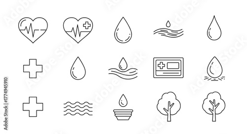 Collection of Thin Line Icons Representing Health, Water, and Trees, Ideal for App Design, Web Graphics, and Informational Articles, Featuring Editable Strokes and a Clean Aesthetic for Modern