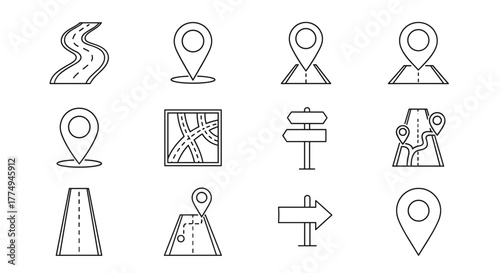 A collection of linear outline icons representing navigation and travel, including winding roads, map pins, road signs, and a stylized map, perfect for graphic design, web development, app