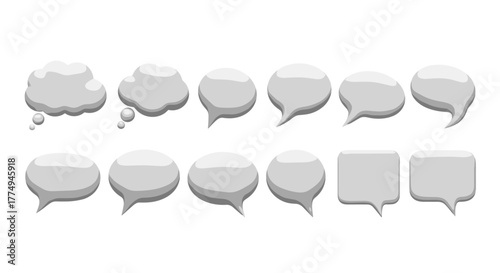 Collection of diverse 3D speech bubbles and thought clouds in various shapes and styles, isolated on a black background, perfect for communication, ideas, and dialogue design elements.