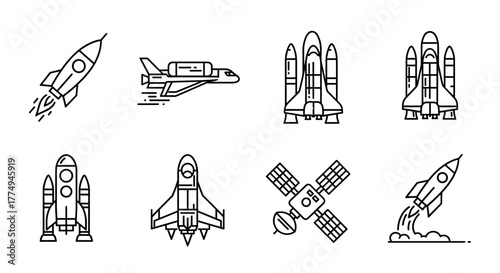 Collection of stylized line art illustrations depicting various rocket and spacecraft designs, showcasing different eras and conceptualizations of space exploration technology, presented in a clean