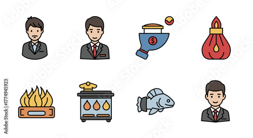 A collection of flat design icons representing business, finance, food, and lifestyle, including businessmen, a trophy with a dollar sign, a lantern, a campfire, a stove, and a fish, all on a black