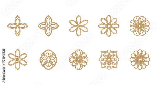 Collection of ten intricate golden floral ornamental patterns and decorative elements on a black background, perfect for graphic design, luxury branding, and elegant invitations, showcasing symmetry