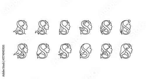 A striking collection of twelve stylized female profile icons, each intricately designed with flowing hair and a classic silhouette, presented in a clean white outline against a stark black