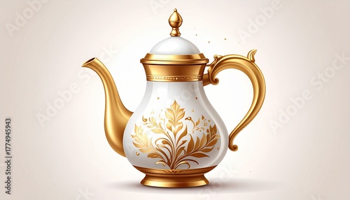 An elegant white teapot adorned with intricate golden floral patterns and accents.