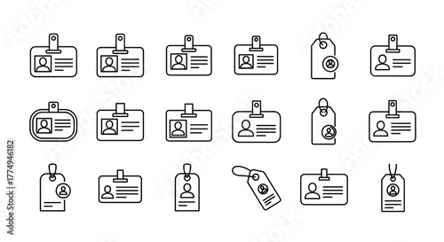Collection of simple, editable stroke vector cartoon illustrations of employee ID badges and tags, perfect for infographics, articles, books, flyers, and banners, representing identification and