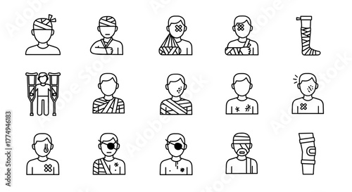 Set of minimalistic line icons depicting various injuries and medical conditions, including bandaged heads, broken limbs, crutches, eye patches, and knee braces, presented in a clean, modern vector