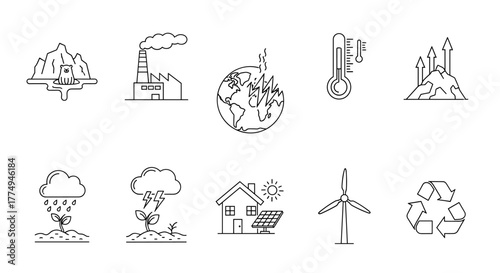Set of minimalistic thin outline icons representing global warming and environmental issues, including melting glaciers, factories emitting smoke, a thermometer showing high temperature