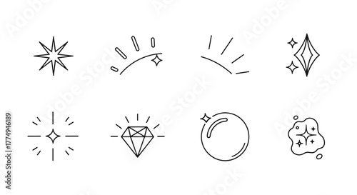 Collection of eight stylized graphic elements representing sparkle, shine, and light effects, including starbursts, diamonds, and abstract glowing shapes, perfect for digital design and conceptual