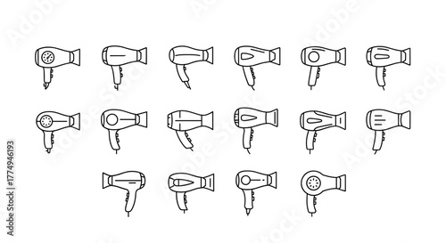 Set of 12 minimalistic thin line icons representing hair dryers in various styles and orientations, perfect for web design, graphic design, app interfaces, banners, social media, and cards. This