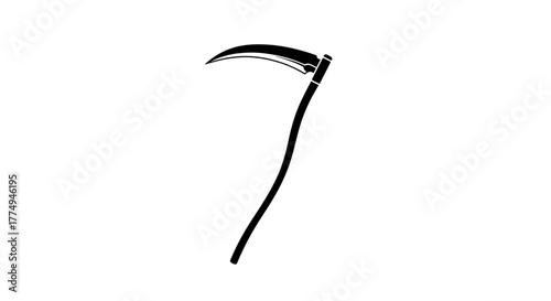 Minimalist black silhouette of a grim reaper's scythe, a sharp curved blade attached to a long handle, presented against a stark black background, evoking themes of death, harvest, and the passage of