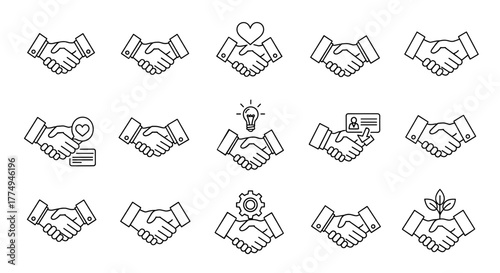Collection of outline handshake icons symbolizing partnership, agreement, and collaboration, perfect for business, finance, and social concepts. Editable stroke vector illustrations for infographics
