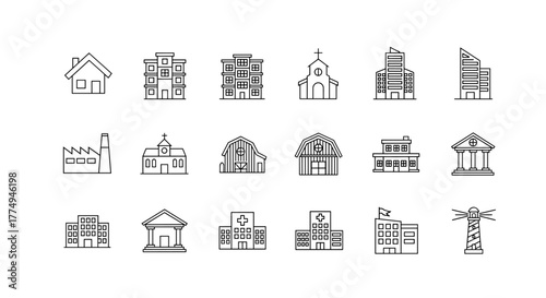 Collection of diverse building icons, including houses, apartments, factories, churches, barns, offices, courthouses, and a lighthouse, presented as clean, ordered line art on a white background