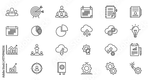 Modern business and technology icon set featuring teamwork, strategy, planning, marketing, cloud technology, data analysis, and organization management, presented in a clean, white outline style on a