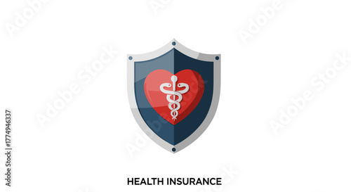 Vector illustration of a shield with a red heart and a caduceus symbol, representing health insurance, symbolizing protection, care, and well-being for life, travel, home, and accident situations