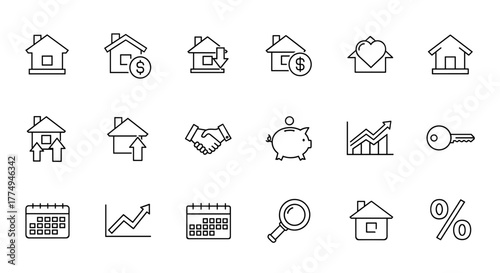 Real Estate Minimal Thin Line Web Icon Set: A comprehensive collection of outline icons representing realty, property, mortgage, home loan, and more, including houses, keys, financial charts