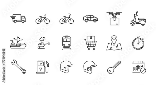 Diverse collection of transport and delivery icons presented in a minimalist thin line style, featuring vehicles like trucks, bicycles, cars, drones, scooters, ships, helicopters, and trains