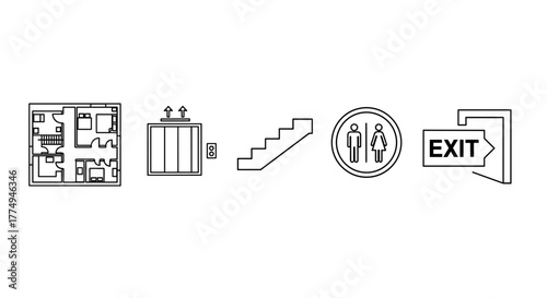 Outline icon set for indoor mapping and floor plan layout, featuring essential elements like elevator, stairs, restroom sign, and exit symbols, presented in a clean, vivid, and descriptive line art